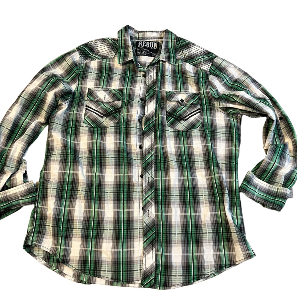 Rerun Men's Black/Gray/green Long Sleeve Plaid Button Down Shirt XL‎ lightweight